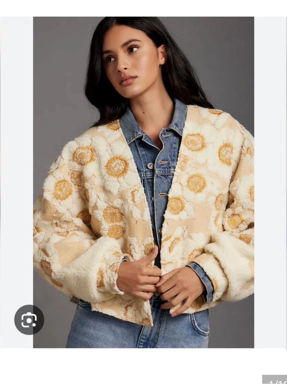 Anthropologie Cream and Mustard Floral Sherpa Bomber Jacket